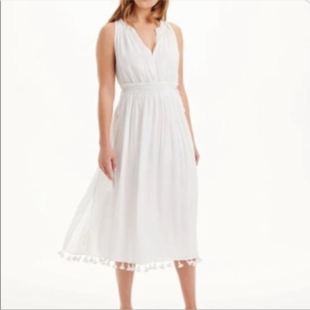 CLUB MONACO DRESS JONET WHITE SLEEVELESS TASSEL-TRIM MIDI DRESS